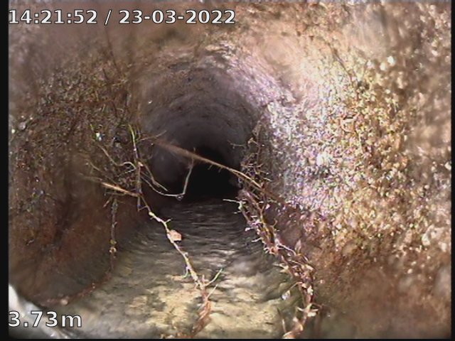 Roof infiltration picked up with a cctv drain survey in this drain in wiltshire. This along with the displaced joints helped hold ponding water over the leaking joints contributing to the damp issues internally with the property